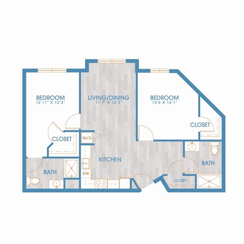 Floor plan for 2 beds, 2 baths, 1003 sqft
